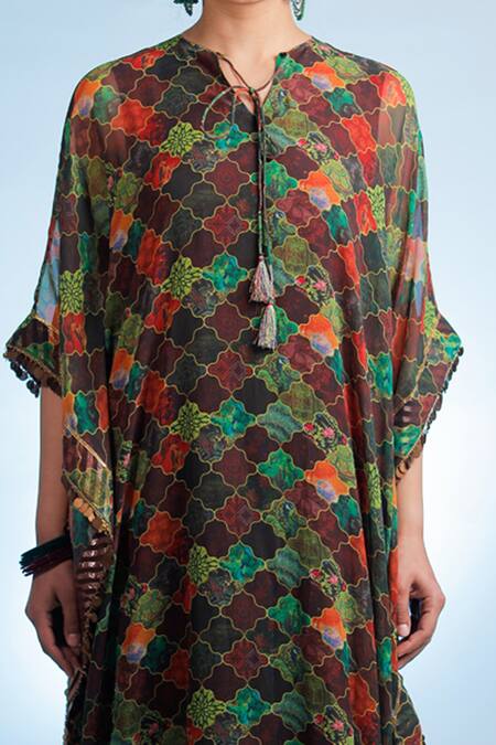 Buy Jubinav Chadha Multi Color Georgette Notched Raasika Printed Kaftan Online at Aza Fashions Buy_Jubinav Chadha_Multi Color Georgette Notched Raasika Printed Kaftan _Online_at_Aza_Fashions