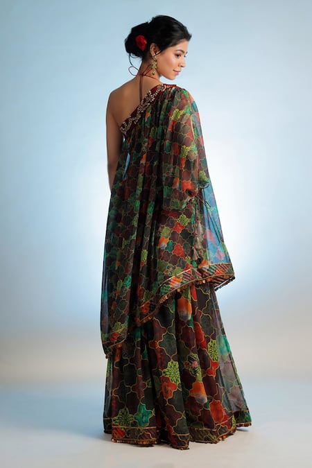 Shop Jubinav Chadha Multi Color Georgette, Silk Chanderi One Shoulder Raasika Printed Tunic at Aza Fashions Shop_Jubinav Chadha_Multi Color Georgette, Silk Chanderi One Shoulder Raasika Printed Tunic _at_Aza_Fashions