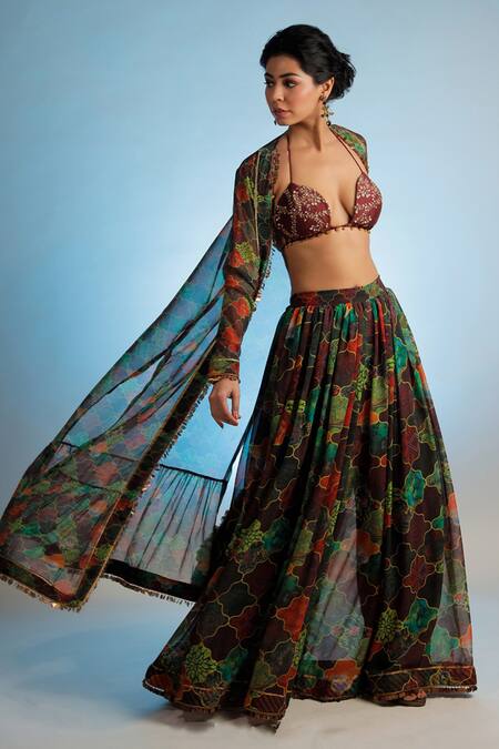 Jubinav Chadha Multi Color Georgette, Silk Chanderi Plunge Neckline Raasika Pant Set With Cape Online at Aza Fashions Jubinav Chadha_Multi Color Georgette, Silk Chanderi Plunge Neckline Raasika Pant Set With Cape _Online_at_Aza_Fashions