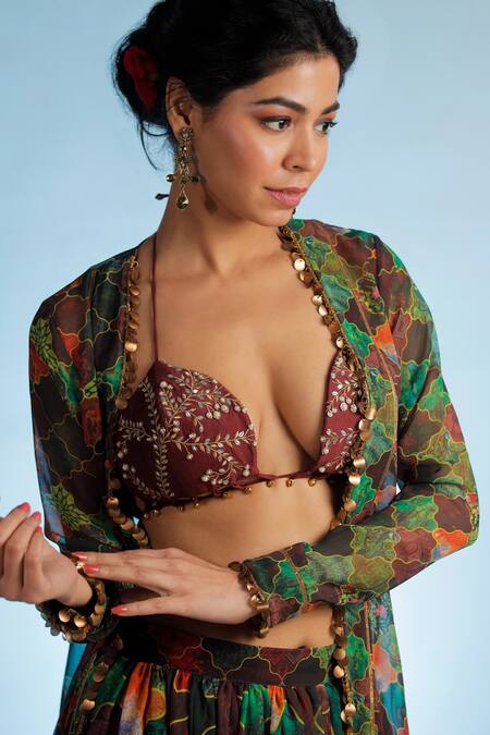 Shop Jubinav Chadha Multi Color Georgette, Silk Chanderi Plunge Neckline Raasika Pant Set With Cape Online at Aza Fashions Shop_Jubinav Chadha_Multi Color Georgette, Silk Chanderi Plunge Neckline Raasika Pant Set With Cape _Online_at_Aza_Fashions
