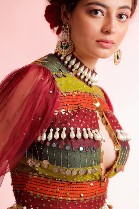 Jubinav Chadha Multi Color Raw , Staple Band Neckline Raas Printed Gown Online at Aza Fashions Jubinav Chadha_Multi Color Raw , Staple Band Neckline Raas Printed Gown _Online_at_Aza_Fashions
