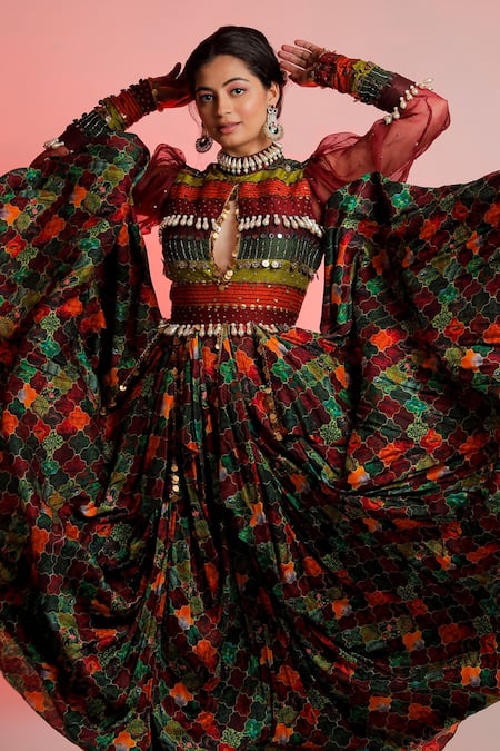 Buy Jubinav Chadha Multi Color Raw , Staple Band Neckline Raas Printed Gown Online at Aza Fashions Buy_Jubinav Chadha_Multi Color Raw , Staple Band Neckline Raas Printed Gown _Online_at_Aza_Fashions