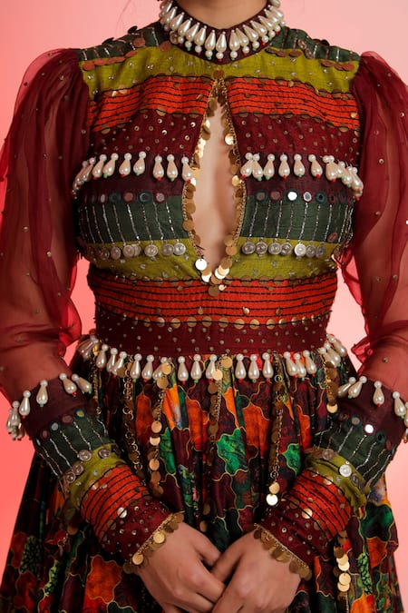 Shop Jubinav Chadha Multi Color Raw , Staple Band Neckline Raas Printed Gown Online at Aza Fashions Shop_Jubinav Chadha_Multi Color Raw , Staple Band Neckline Raas Printed Gown _Online_at_Aza_Fashions