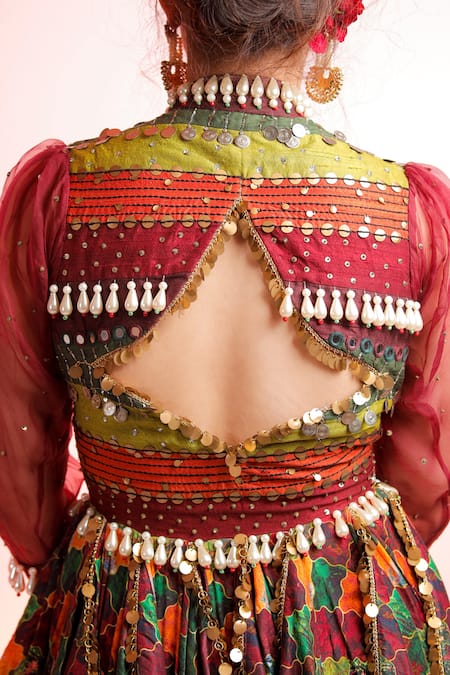 Jubinav Chadha Multi Color Raw , Staple Band Neckline Raas Printed Gown at Aza Fashions Jubinav Chadha_Multi Color Raw , Staple Band Neckline Raas Printed Gown _at_Aza_Fashions