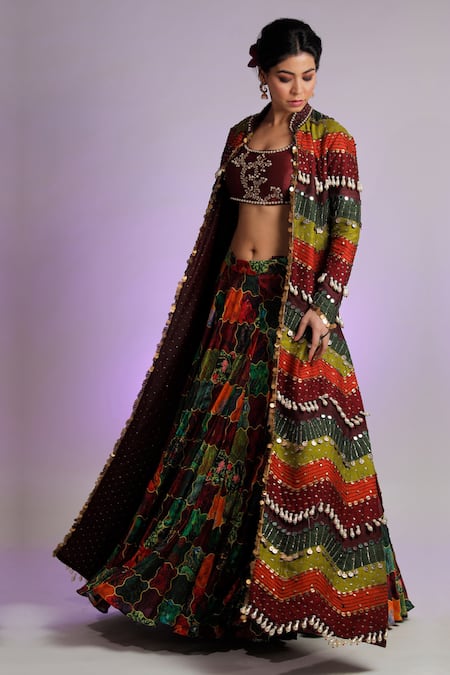 Jubinav Chadha Multi Color Raw Silk Pearls, Coins Band Kastoori Tassel Embellished Jacket 