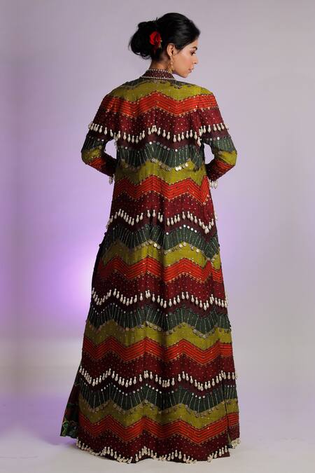 Shop Jubinav Chadha Multi Color Raw Silk Pearls, Coins Band Kastoori Tassel Embellished Jacket at Aza Fashions Shop_Jubinav Chadha_Multi Color Raw Silk Pearls, Coins Band Kastoori Tassel Embellished Jacket _at_Aza_Fashions