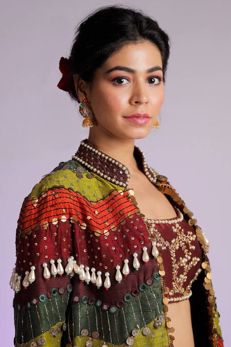 Shop Jubinav Chadha Multi Color Raw Silk Pearls, Coins Band Kastoori Tassel Embellished Jacket Online at Aza Fashions Shop_Jubinav Chadha_Multi Color Raw Silk Pearls, Coins Band Kastoori Tassel Embellished Jacket _Online_at_Aza_Fashions