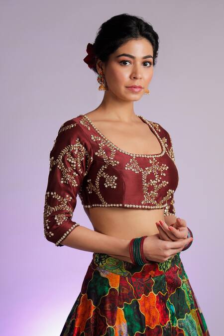 Jubinav Chadha Multi Color Chanderi, Staple Kastoori Printed Draped Lehenga Saree Online at Aza Fashions Jubinav Chadha_Multi Color Chanderi, Staple Kastoori Printed Draped Lehenga Saree _Online_at_Aza_Fashions