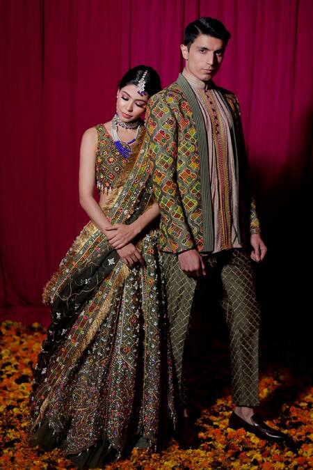 Buy Jubinav Chadha Green Organza, Chanderi Floral Motifs Samyuta Embroidered Lehenga Set Online at Aza Fashions Buy_Jubinav Chadha_Green Organza, Chanderi Floral Motifs Samyuta Embroidered Lehenga Set _Online_at_Aza_Fashions