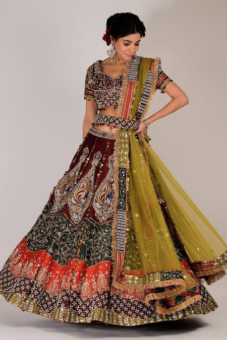 Jubinav Chadha Red Raw Silk, Net Zari And Zardozi V Neck Pavitra Embroidered Bridal Lehenga Set 