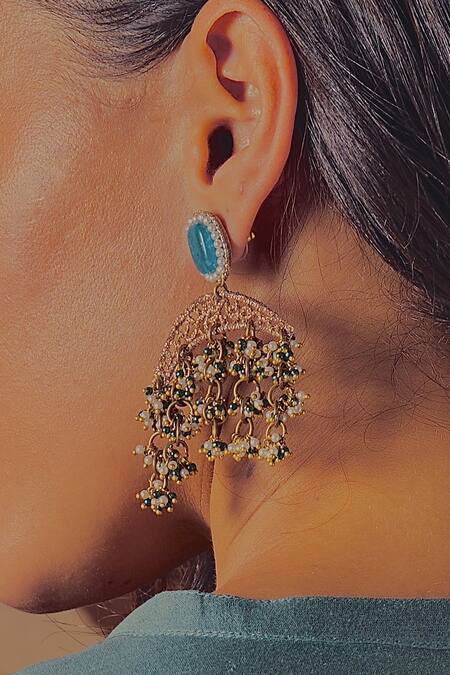 Charkhee_Gold Plated Pearls, Stones, Zari Crescent Drop Earrings_Online_at_Aza_Fashions