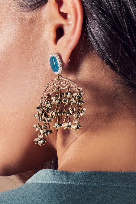 Buy_Charkhee_Gold Plated Pearls, Stones, Zari Crescent Drop Earrings_Online_at_Aza_Fashions