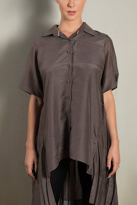 Buy_Chillosophy_Grey Cotton Silk Spread Collar Pleated Tunic_Online_at_Aza_Fashions