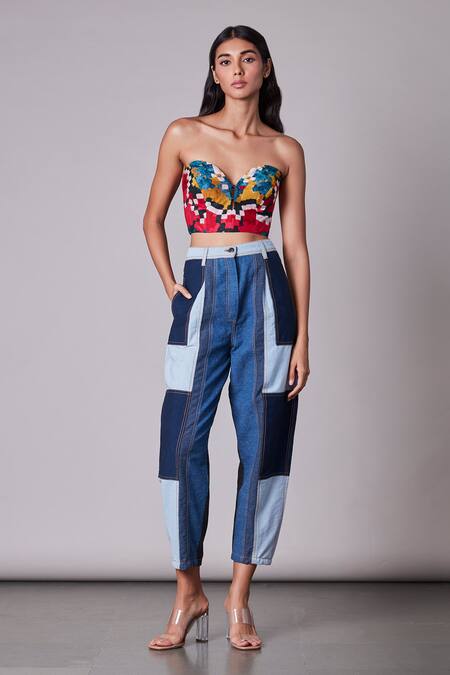 Saaksha & Kinni Blue Denim Patchwork Jeans Online at Aza Fashions Saaksha & Kinni_Blue Denim Patchwork Jeans_Online_at_Aza_Fashions