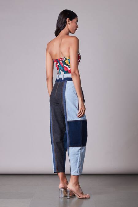 Shop Saaksha & Kinni Blue Denim Patchwork Jeans at Aza Fashions Shop_Saaksha & Kinni_Blue Denim Patchwork Jeans_at_Aza_Fashions