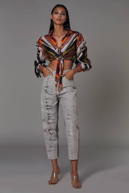 Saaksha & Kinni_Grey Denim Acid Wash Jeans_Online_at_Aza_Fashions