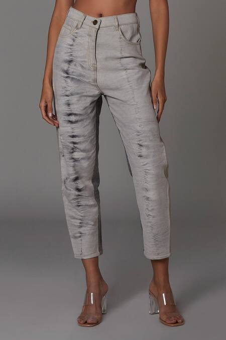 Shop_Saaksha & Kinni_Grey Denim Acid Wash Jeans_Online_at_Aza_Fashions