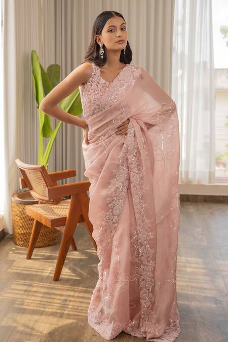 Rouje Pink Satin Organza Sequin Embroidered Saree With Blouse