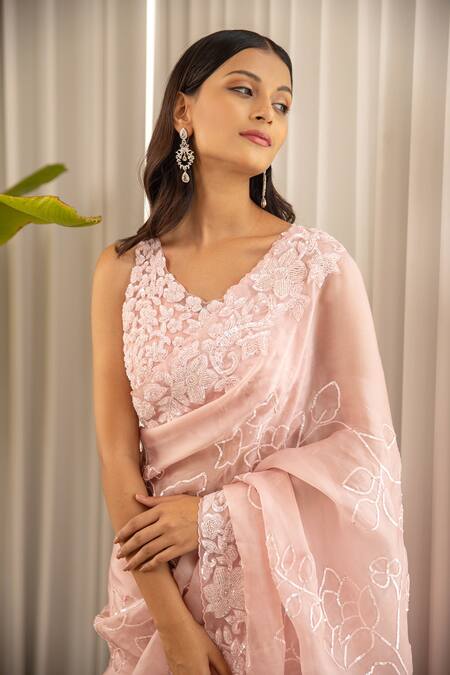 Buy_Rouje_Pink Satin Organza Sequin Embroidered Saree With Blouse_Online_at_Aza_Fashions