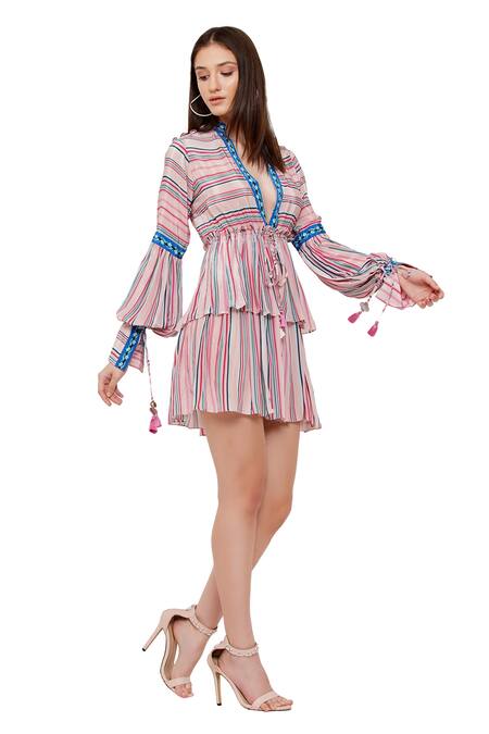 Shop_Limerick By Abirr N' Nanki_Multi Color Crepe Stripe And Floral Print V Neck Jenny Layered Dress _Online_at_Aza_Fashions