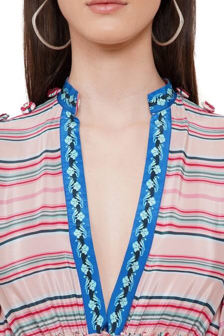 Limerick By Abirr N' Nanki_Multi Color Crepe Stripe And Floral Print V Neck Jenny Layered Dress _at_Aza_Fashions