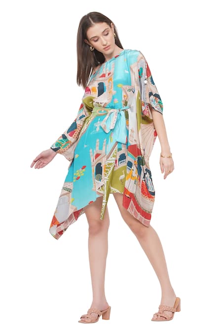 Limerick By Abirr N' Nanki Blue Crepe Miniature Paintings Of Rajasthan One Shoulder Jeno Short Kaftan Online at Aza Fashions Limerick By Abirr N' Nanki_Blue Crepe Miniature Paintings Of Rajasthan One Shoulder Jeno Short Kaftan _Online_at_Aza_Fashions