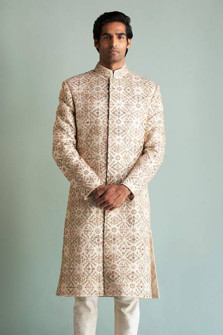 Buy_Qbik_Beige Sherwani Silk Kurta And Churidar Cotton Silk Stole Embroidered Set_Online_at_Aza_Fashions