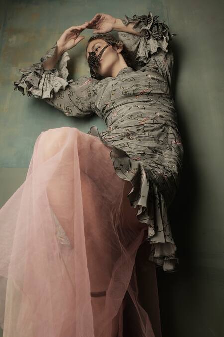 Buy_Nidhi Yasha_Black Viscose Printed Boat Neck Dress With Tulle Skirt  _Online_at_Aza_Fashions