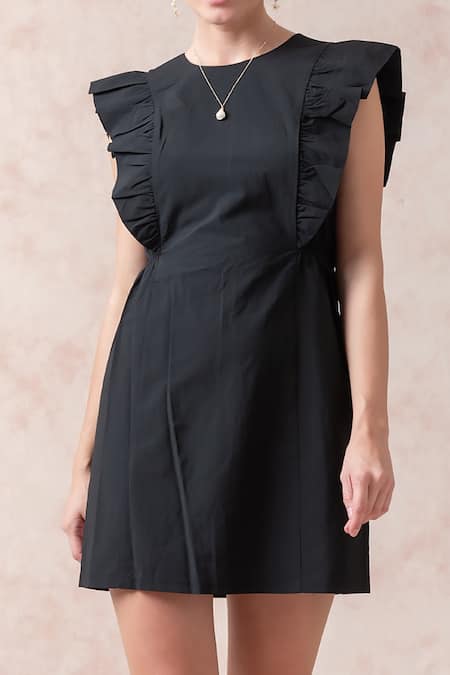 Buy_Thetaa_Black Spandex, Rayon, Nylon Round Neck Ruffle Sleeve Short Dress _Online_at_Aza_Fashions