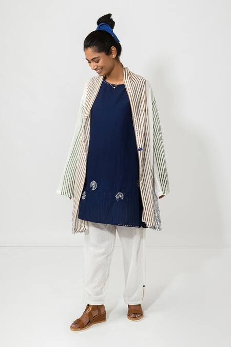 JAYATI GOENKA_White Cotton Floral Print, Stripes And Thread Round Jacket Kurta Set _Online_at_Aza_Fashions