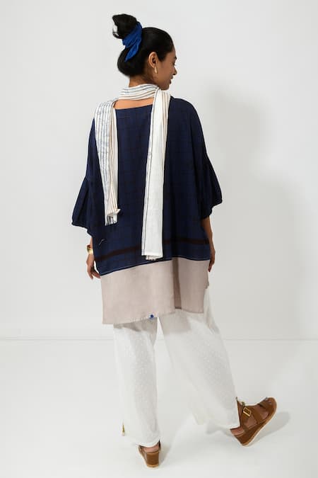 Shop JAYATI GOENKA Blue Cotton Checkered And Floral Round Top & Pant Set at Aza Fashions Shop_JAYATI GOENKA_Blue Cotton Checkered And Floral Round Top & Pant Set _at_Aza_Fashions