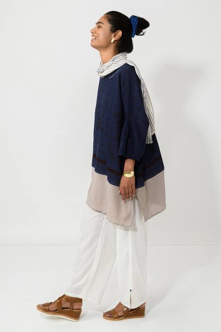 Buy JAYATI GOENKA Blue Cotton Checkered And Floral Round Top & Pant Set Online at Aza Fashions Buy_JAYATI GOENKA_Blue Cotton Checkered And Floral Round Top & Pant Set _Online_at_Aza_Fashions