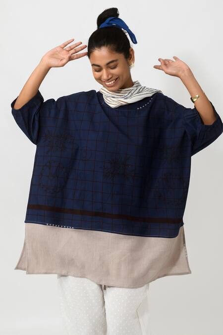 Shop JAYATI GOENKA Blue Cotton Checkered And Floral Round Top & Pant Set Online at Aza Fashions Shop_JAYATI GOENKA_Blue Cotton Checkered And Floral Round Top & Pant Set _Online_at_Aza_Fashions