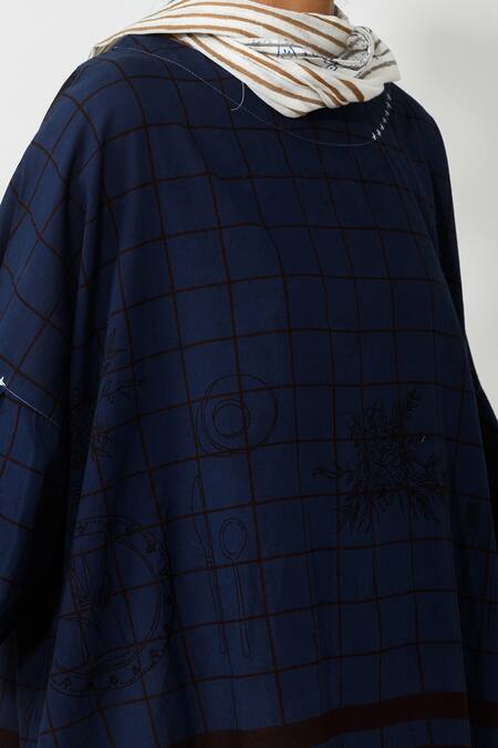 JAYATI GOENKA Blue Cotton Checkered And Floral Round Top & Pant Set at Aza Fashions JAYATI GOENKA_Blue Cotton Checkered And Floral Round Top & Pant Set _at_Aza_Fashions