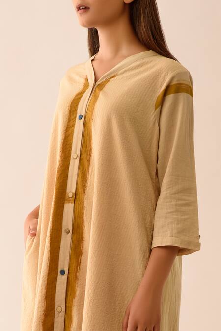 Shop JAYATI GOENKA Beige Upcycled Seersucker V Neck Hand Painted Dress Online at Aza Fashions Shop_JAYATI GOENKA_Beige Upcycled Seersucker V Neck Hand Painted Dress _Online_at_Aza_Fashions