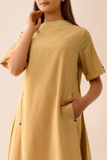 JAYATI GOENKA Beige Upcycled Seersucker Bardot Hand Painted Dress at Aza Fashions JAYATI GOENKA_Beige Upcycled Seersucker Bardot Hand Painted Dress _at_Aza_Fashions