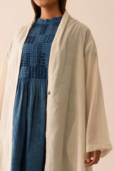 Shop_JAYATI GOENKA_White Handwoven Cotton Stripe Open Overlay Jacket _Online_at_Aza_Fashions