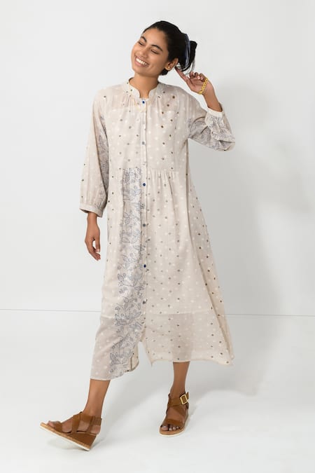 JAYATI GOENKA Grey Cotton Geometric And Floral Band Midi Dress
