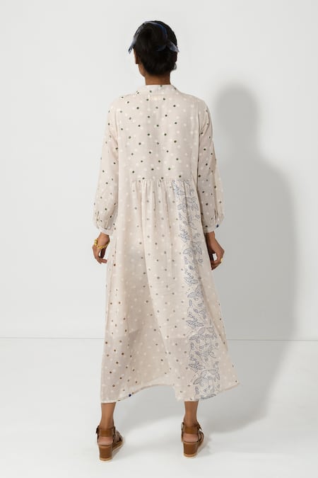 Shop JAYATI GOENKA Grey Cotton Geometric And Floral Band Midi Dress at Aza Fashions Shop_JAYATI GOENKA_Grey Cotton Geometric And Floral Band Midi Dress _at_Aza_Fashions