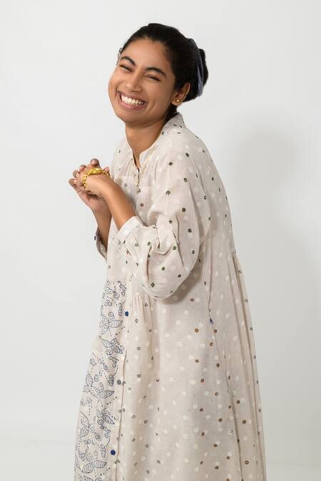 Shop JAYATI GOENKA Grey Cotton Geometric And Floral Band Midi Dress Online at Aza Fashions Shop_JAYATI GOENKA_Grey Cotton Geometric And Floral Band Midi Dress _Online_at_Aza_Fashions