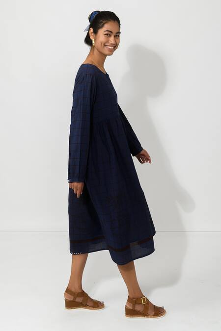 JAYATI GOENKA Blue Cotton Checkered Round Midi Dress Online at Aza Fashions JAYATI GOENKA_Blue Cotton Checkered Round Midi Dress _Online_at_Aza_Fashions