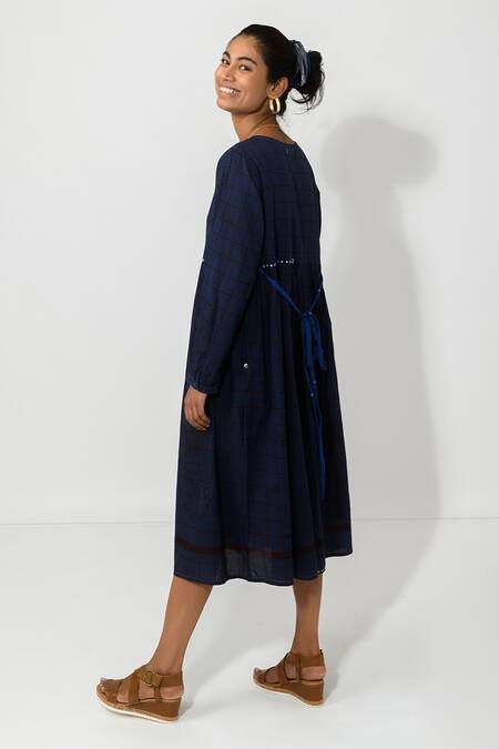 Shop JAYATI GOENKA Blue Cotton Checkered Round Midi Dress Online at Aza Fashions Shop_JAYATI GOENKA_Blue Cotton Checkered Round Midi Dress _Online_at_Aza_Fashions