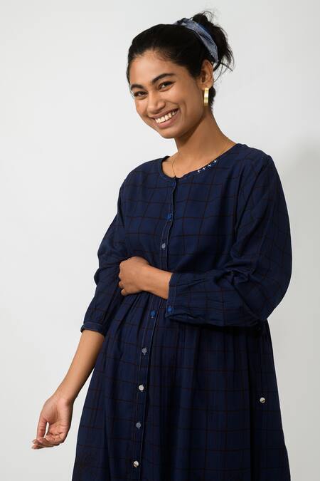 JAYATI GOENKA Blue Cotton Checkered Round Midi Dress at Aza Fashions JAYATI GOENKA_Blue Cotton Checkered Round Midi Dress _at_Aza_Fashions