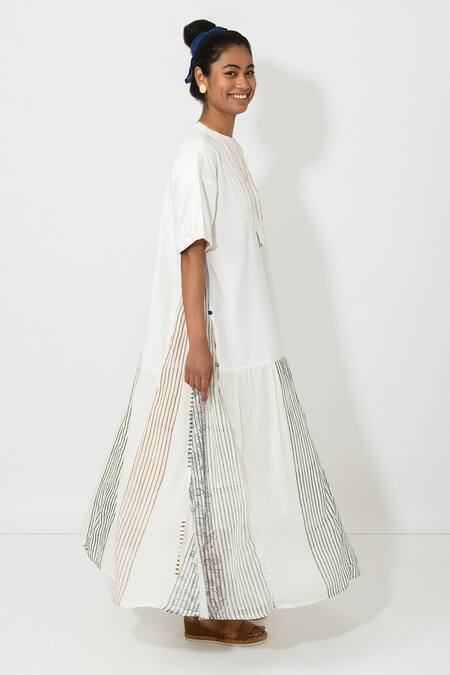 JAYATI GOENKA White Cotton Stripes And Floral Round Maxi Dress Online at Aza Fashions JAYATI GOENKA_White Cotton Stripes And Floral Round Maxi Dress _Online_at_Aza_Fashions