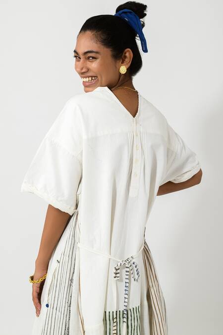 Shop JAYATI GOENKA White Cotton Stripes And Floral Round Maxi Dress Online at Aza Fashions Shop_JAYATI GOENKA_White Cotton Stripes And Floral Round Maxi Dress _Online_at_Aza_Fashions