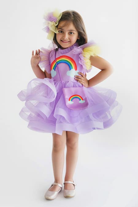 Miakki_Purple Net, Satin Ruffles Rainbow Motif Dress _Online_at_Aza_Fashions
