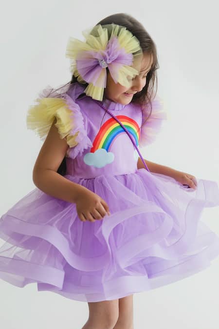 Shop_Miakki_Purple Net, Satin Ruffles Rainbow Motif Dress _Online_at_Aza_Fashions