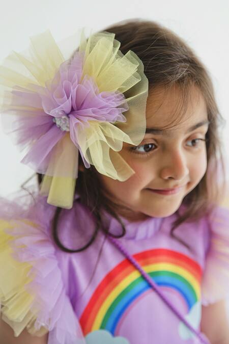 Miakki_Purple Net, Satin Ruffles Rainbow Motif Dress _at_Aza_Fashions