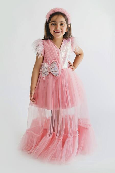 Miakki Peach Net, Satin, Crepe Sequins Ruffle Bow Gown Online at Aza Fashions Miakki_Peach Net, Satin, Crepe Sequins Ruffle Bow Gown _Online_at_Aza_Fashions