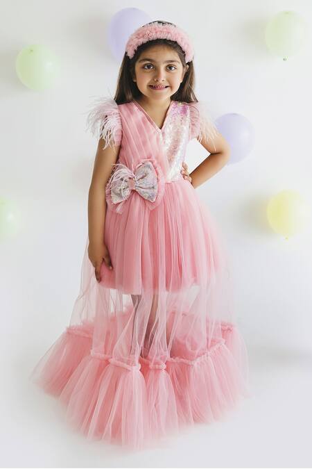 Buy Miakki Peach Net, Satin, Crepe Sequins Ruffle Bow Gown Online at Aza Fashions Buy_Miakki_Peach Net, Satin, Crepe Sequins Ruffle Bow Gown _Online_at_Aza_Fashions